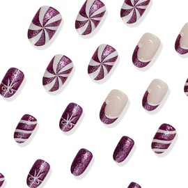24Pcs Christmas Press on Nails Almond Shape Fake Nails With Candy Bow Stripe Designs Purple Glitter Xmas Hat French Tip False Nails Full Cover Stick on Nails Acrylic Winter Artificial Nails for Women