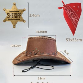 Qylazune Western Cowboy Costume Accessories Set - 3-Piece Premium Faux Suede Hat + Paisley Bandana + Sheriff Badge Kit for Men & Women