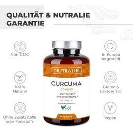 Nutralie Organic turmeric, 100% natural, optimal combination of turmeric and black pepper, 120 vegan capsules with high absorption of turmeric, ginger and piperine, turmeric complex