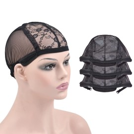 3 Pcs Black Lace Wig Caps for Wig Making Wigs Hair Net for Women with Adjustable Straps to Hold Wigs in Place (Black L)