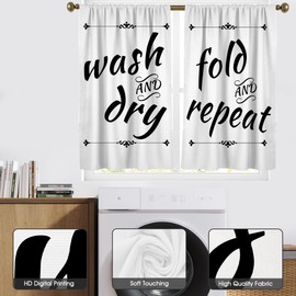 zokyer Laundry Kitchen Curtains Black and White Wash Quotes Words Dry Fun Simple Printed Small Short 27.5" W x 36" L Window Treatment Tiers for Bedroom Living Room Bathroom 2 Panels Rod Pocket Drapes