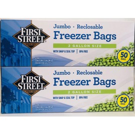 First Street Jumbo 2-Gallon Reclosable Freezer Bags with Snap and Seal Zip Lock Top, 13"x15-5/8", 50 Ct (Twin Pack)