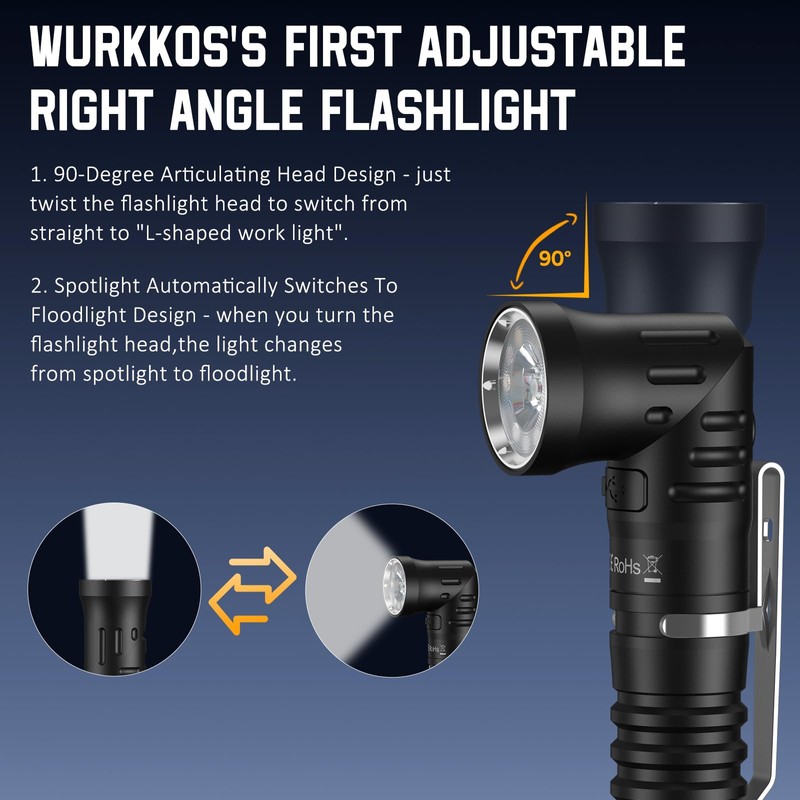 Wurkkos HD11 Right Angle Flashlight with Red Light, 1800 Lumens