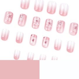 Medium Short Press on Nails Coffin Square Fake Nails Short with Nude Gradient White Flower Designs French Tip False Nails Full Cover Glue on Nails Glossy Acrylic Thick Stick on Nails for Women Girls 24Pcs JP3834