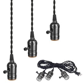 Vintage Plug-in Pendant Light Kit with 1-to-3 Hanging E26/E27 Sockets, Industrial Hanging Light with Individual Rotary Switches, Easy DIY Lighting for Living Room, Patio and Plant Corners, Black