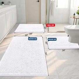Smiry Luxury Chenille Bathroom Rugs 45x27, Extra Soft and Absorbent Shaggy Bath Mat, Machine Washable, Non-Slip Plush Carpet Runner for Tub, Shower, and Floor, Home Decor Accessories, White