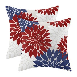 4th of July Pillow Covers 18x18 Inch Set of 2 Patriotic Themed Navy Blue Red White Dahlia Floral Decor Throw Pillows Modern Geometry Flower Outdoor Decorative Cushion Cases for Sofa Couch Bed