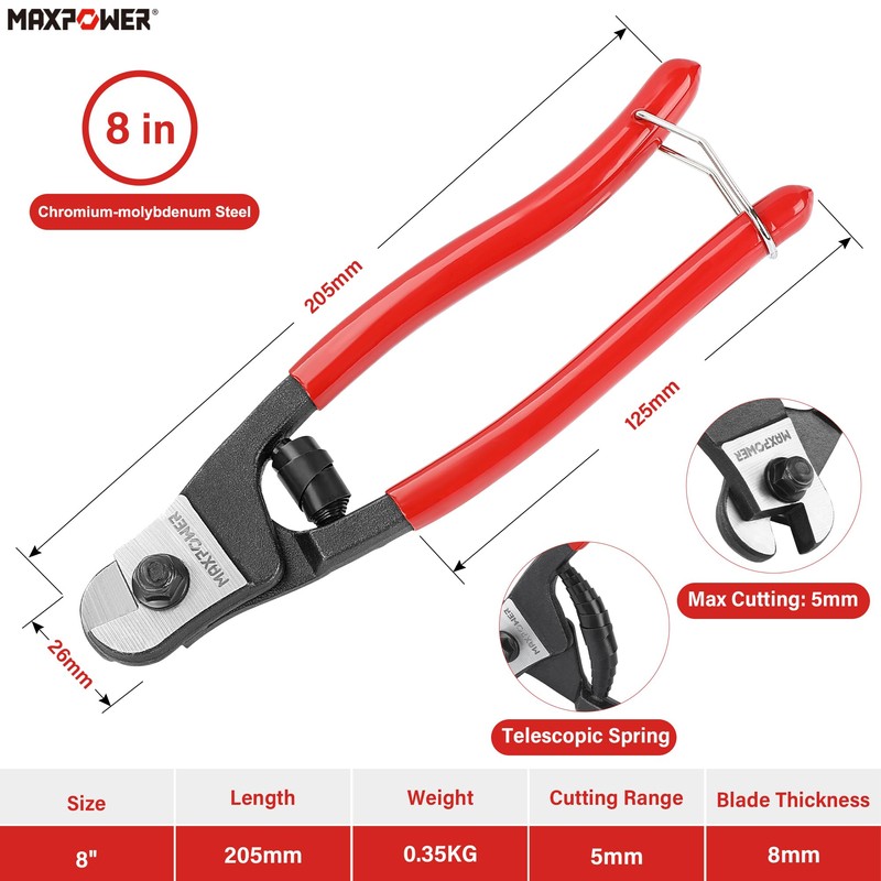 MAXPOWER Wire Cutter, 8-Inch Wire Rope Cutters for Steel Wire,