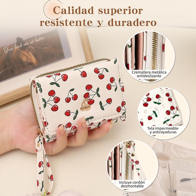 Cartera para Mujer Pequeña Bifold Compacta con Cremallera,Cereza