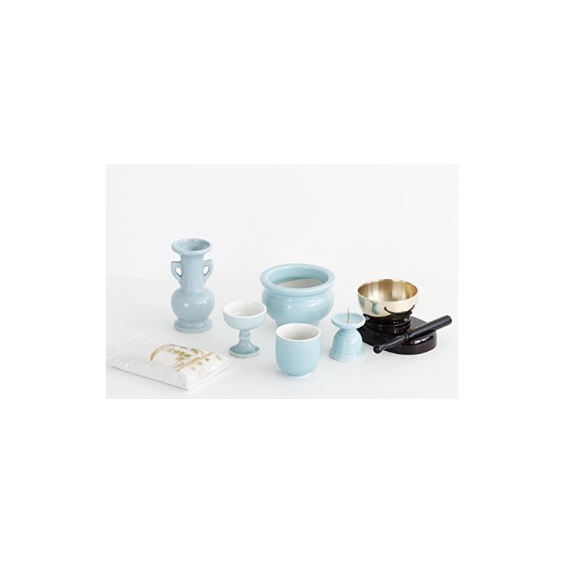 Yamako Japanese Buddhist Altar Set, Celadon, Blue Background, Pottery 5