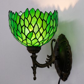 WXCFCD Tiffany Wall Sconce Lamp Green Stained Glass Wisteria Style 8X10.5X11 Inch Plug in Wall Bedside Light for Hallway Bedroom