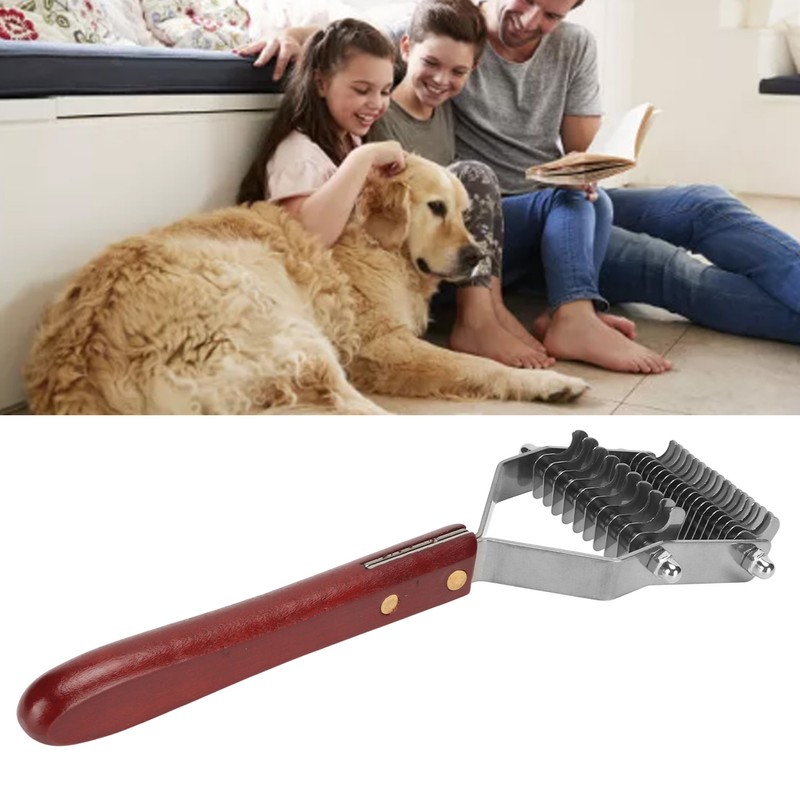 Pet Dematting Comb 2 Rows Stainless Steel Blades Wooden Handle
