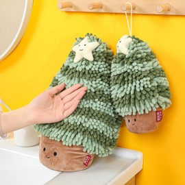 Tyrafry - Toalla de mano de felpilla de Navidad, adorable forma de árbol de Navidad, toalla de mano decorativa ultra suave, absorbente, para colgar o exhibir, 7.9 x 9.8 pulgadas, verde