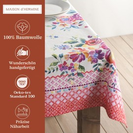 Maison d'Hermine Tablecloths, 100% Cotton, 160 cm x 220 cm, Decorative, Washable, Square Easter Tablecloth, Tablecloth for Dining, Kitchen, Party, Camping, Rose Garden, Spring/Summer