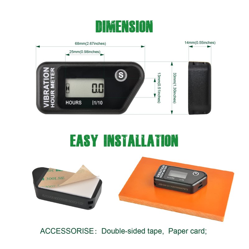 Yooreal Wireless Vibration Hour Meter,Maintenance Reminder for Gas/Diesel/Electric Engine Powered