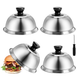 Ticeed Set of 4 Burger Covers Stainless Steel Burger Covers Burger Cloche Bell Set Cover with 3 Handles Melting Bell Burger Cover for Cheeseburger Barbecue Steak (16 x 10 cm)