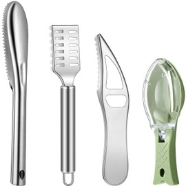 Honoson 4 Pieces Stainless Steel Fish Scale Remover Cleaner Kitchen Scaler Fish Skin Graters Cleaning Peeler Scaler Scraper with Bottle Opener for Kitchen Cleaning Tools