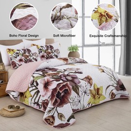 Drucon Floral Quilt Set Twin 2 Pieces Boho Blush Floral Quilt Coverlet Set Soft Microfiber Lightweight Blush Quilted Bedspread for All Season 68"x 86"