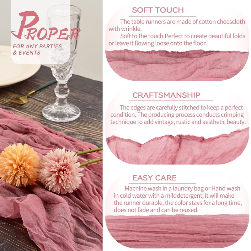 Pack of 2 Cheesecloth Table Runner, Dusty Rose, 90 x