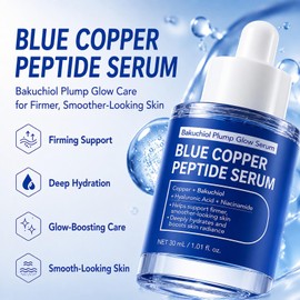 Copper Peptides Serum for Face with Bakuchiol, Korean Skincare GHK-Cu Serum with Niacinamide, Hyaluronic Acid & Collagen, Plumping Hydrating Serum for Fine Lines, Firming Look & Glow, 1 Fl Oz