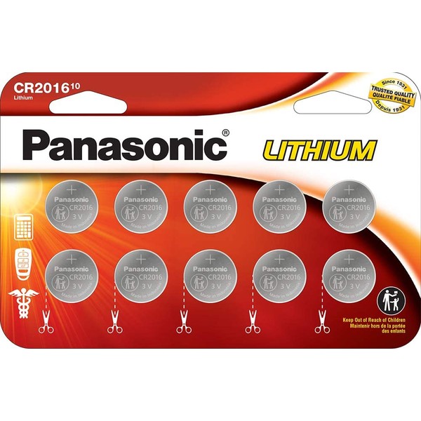 Panasonic CR2016 3.0 Volt Long Lasting Lithium Coin Cell Batteries in Child Resistant, Standards Based Packaging, 10 Pack