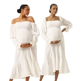 NOTHING FITS BUT Women’s Classic Nursing Cotton Yuki Dress, Muslin Yuki Maternity Gown, Casual Maternity Dress, White, White wear, M