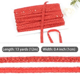 Borde de cordón trenzado de lentejuelas, tira de lentejuelas láser con purpurina de 0.4 pulgadas, cinta de lentejuelas para manualidades, decoración de fiestas, 13 yardas, rojo