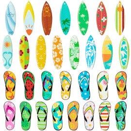 Haooryx 31PCS Summer Surfboard Surfing Shape Wood Ornaments Flip Flop Slippers Beach Wooden Hanging Slices Tags Pendant with Ropes for Summer Hawaiian Luau Tropical Party Tree Home Decorations Supply