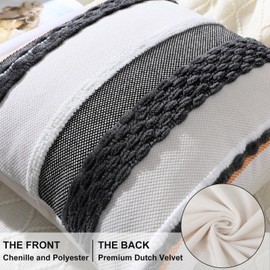 decorUhome Boho Decorative Throw Pillow Covers 18x18 Set of 2, Striped Chenille Tufted Pillow Covers with Tassels for Couch Bed Sofa, Cream White and Dark Grey