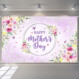Joliaco Happy Mother's Day Backdrop Purple Floral Butterfly Pearl Thanks Mom Photography Background Mother's Day Party Decorations Banner Photo Booth Props (6x3.6ft)