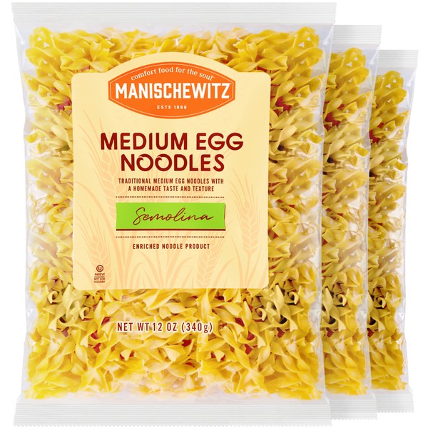 Manischewitz Homestyle Medium Egg Noodles 12oz (3 Pack) | Homestyle Pasta Taste & Texture, Premium Enriched, Low Sodium, No Preservatives, Kosher