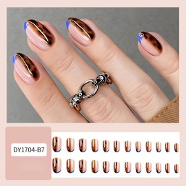 24Pcs Short Oval Press on Nails Leopard Printed Fake Nails Glossy Blue French False Nail Tips with Glue Tabs Cute Acrylic Nails Press ons Winter Artificial Nails Reusable Stick on Nails for Women