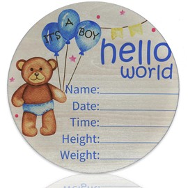 Hello World Newborn Sign Blue Bear Baby Name Birth Announcement Sign for Nursery Hospital Welcome Baby Name Plaque 6 inch Circle Birch Wood Board Birth Stat Sign Newborn Gifts for Mom