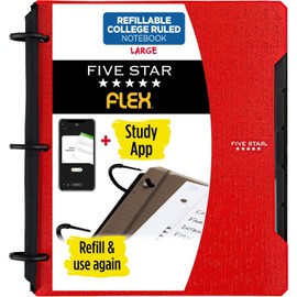 Five Star Flex Refillable Notebook + Study App, College Ruled Paper, 1 Inch TechLock Rings, Pockets, Tabs and Dividers, 200 Sheet Capacity, Red (29328AB2)