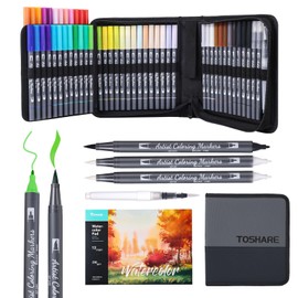 TOSHARE Watercolor Pens Set, 48-Color Dual Tip Professional Watercolor Markers for Adults, Water-Based Art Markers with 1 Aquapen, 2 Colorless Blenders, 1 Black Marker, and 12-Page Pad, Art Supply