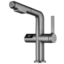 IJPDXOLBQ Pull Out Bathroom Lifting Brass Bathroom Sink Faucet with Temperature Display, 360° Rotation 2 Function Basin Deck Mount Single Handle Hot and Cold Vanity Mixer Tap,Gray(Gris)