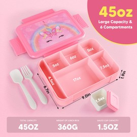JYPS Bento Box for Kids,Leak-Proof Kids Lunch Box with 6 Compartments,Sauce Container,Utensils,BPA Free Microwave/Dishwasher Safe Lunch Container for Girls and Toddlers Back to School-Pink K