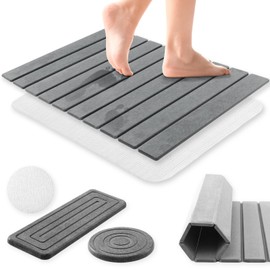 Foldable Stone Bath Mat, 23 X 15 Inch Stone Drying Mat for Bathroom Bathroom Stone Mat Quick Dry, Non-Slip Diatomite Stone Bath Mat Large, Self Drying Bath Mat with 2 Water Absorbing Stone Tray