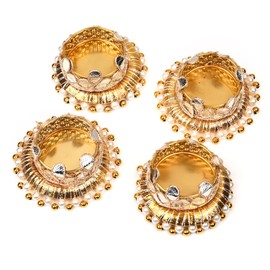 Set of 4 Jute Ring with Moti Beads T Light Candle Stand Tealight Holder Lights Indian Traditional Festival Decoration Lighting Accessories Wedding Home Decor(Without Wax)(Size:-4")(Golden)