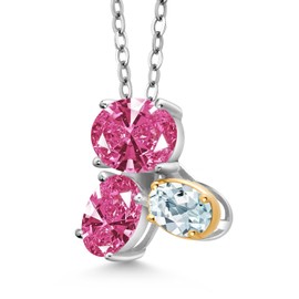 Gem Stone King 925 Silver and 10K Yellow Gold Pink Zirconia and Sky Blue Aquamarine Pendant Necklace For Women (2.47 Cttw, Oval 8X6MM, 7X5MM and 6X4MM, Gemstone, with 18 Inch Chain)