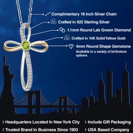 Gem Stone King Infinity Cross Necklace For Women | 925 Sterling Silver & 10K Yellow Gold | 4MM Round Gemstone Birthstone & Lab Grown Diamond Cross Faith Pendant Necklace | With 18 Inch Chain