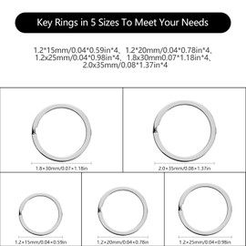 Split Key Rings 20-Pack 5 Assorted Sizes (Small 0.5 inch to Large 1.37 inch) - Multi-Purpose for Keychains, Pet Collar Tags, Crafts, Car Keys Accessories - Silver Alloy Anti-Rust Design