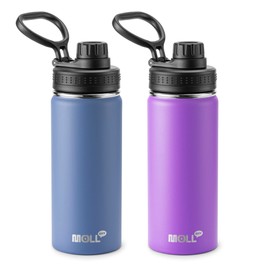 Mollcity Kids Water Bottle 2 Pack-16 oz Stainless Steel Double Wall Vacuum Insulated Wide Mouth Sports Water Bottle Flask with Leakproof Spout Lid (Royal Blue-Purple)