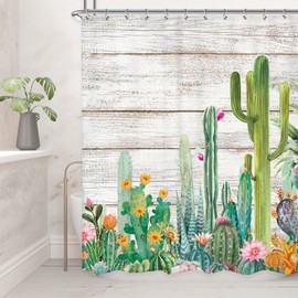 Riyidecor Cactus Shower Curtain Tropical Succulent Desert 60Wx72H Inch Rustic Wooden Board Blossom Plant Flowers Cute Southwest Simple Modern Fabric Decor Bathroom Polyester Waterproof 12 Pack Hooks
