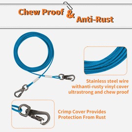 Mi pupjoy Dog Tie Out Cable 10 Feet-Dog Lead for Yard-Leash Outside for Small to Medium Pets Dogs Up to 60 lbs - Outdoor Dogs Runner Tether (Blue, 60Ibs 50ft)