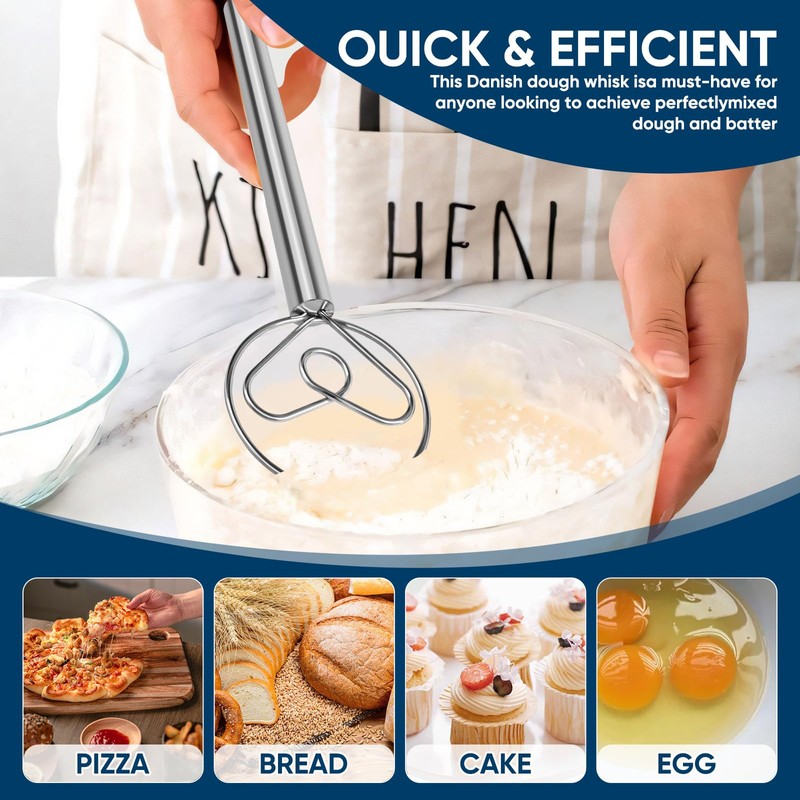 YIGEDA Danish Dough Whisk Stainless Steel Wooden Handle for Sourdough
