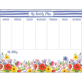 Gina B Designs-Weekly Planner Calendar Pad with Attachable Magnet- Blue Stripes & Flowers-Made in the U.S.A.