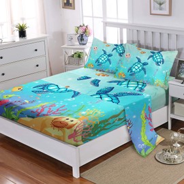 XYNHML Sea Turtle Fitted Sheet Cartoon Turtle Bed Sheets Reptile Sea Animals Wildlife Bed Cover for Teens Adult Includes 1 Fitted Sheet,1 Flat Sheet,2 Pillowcases