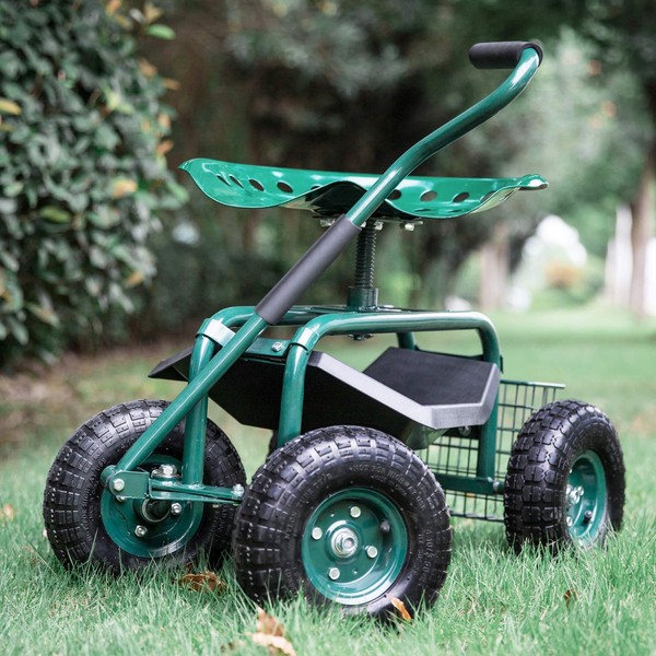Kinsuite Garden Cart Rolling Work Seat Outdoor Utility Lawn Yard Patio Wagon Scooter for Planting Adjustable 360 Degree Swivel Seat Green