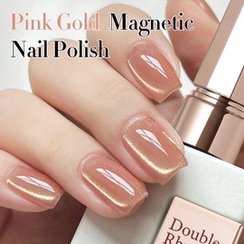 Double Rhythm 15ML Ice Glass Cat Eye Gel Polish with Magnet Holographic Glitter Shimmer Translucent Sheer Color Salon Soak Off Magnetic Nail at Home (Pink Gold-MC1122)